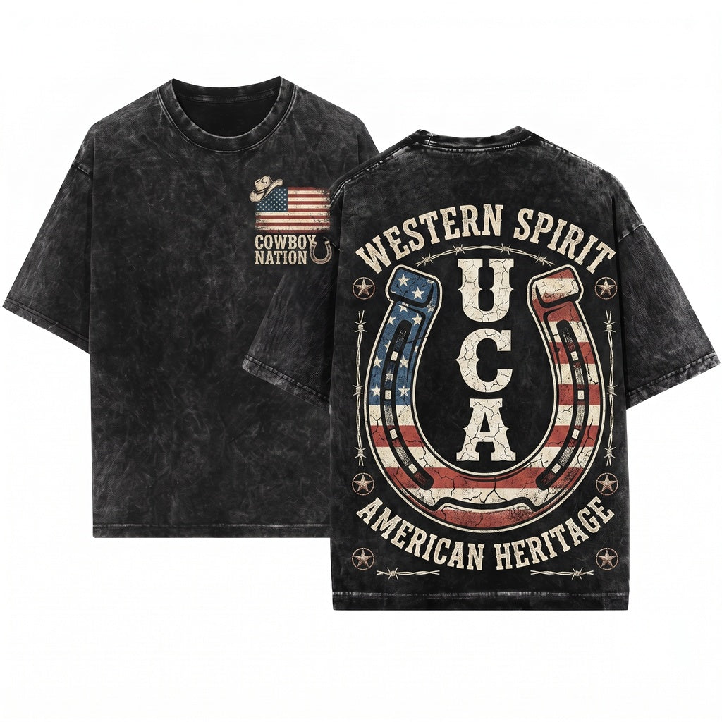 Western American Flag Cowboy Patriotic USA Tee Unisex Wash T-Shirt
