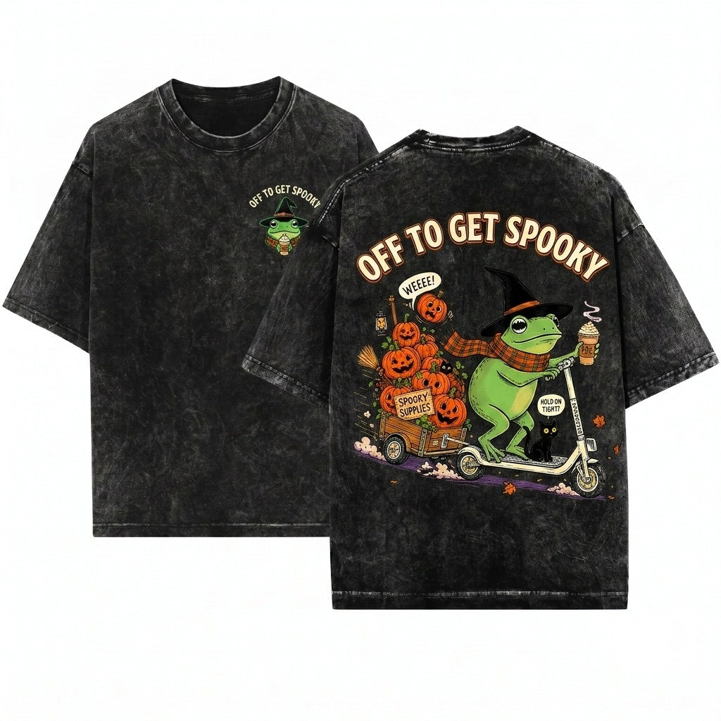 Vintage Halloween Frog Riding Scooter Pumpkin Cart Off Get Spooky Season Funny Fall Sweatshirt Unisex Wash T-Shirt