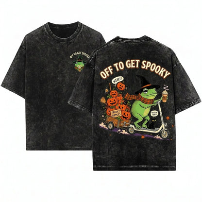 Vintage Halloween Frog Riding Scooter Pumpkin Cart Off Get Spooky Season Funny Fall Sweatshirt Unisex Wash T-Shirt