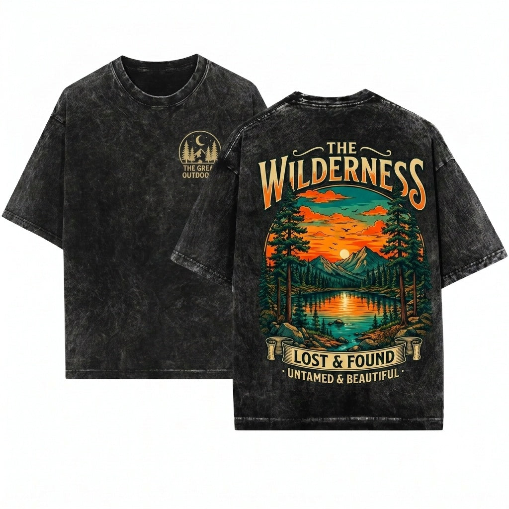 Vintage Mountain Lake Sunset Pine Forest Nature Rustic Wilderness Outdoor Graphic Gift Unisex Wash T-Shirt