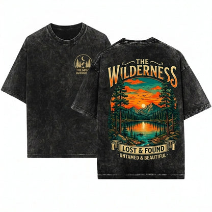 Vintage Mountain Lake Sunset Pine Forest Nature Rustic Wilderness Outdoor Graphic Gift Unisex Wash T-Shirt