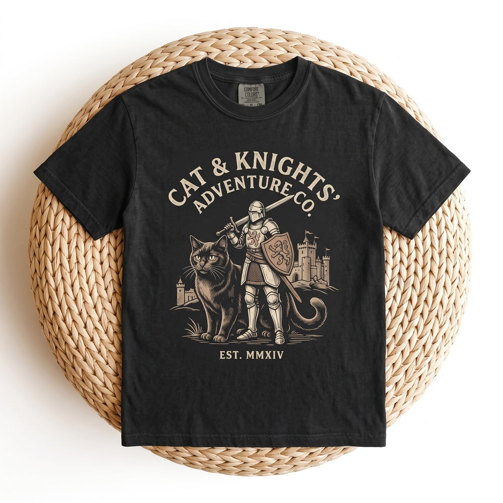 Vintage Engraved Fantasy Cat Knight Medieval Rider Castle Bird Graphic Feline Unisex TShirt