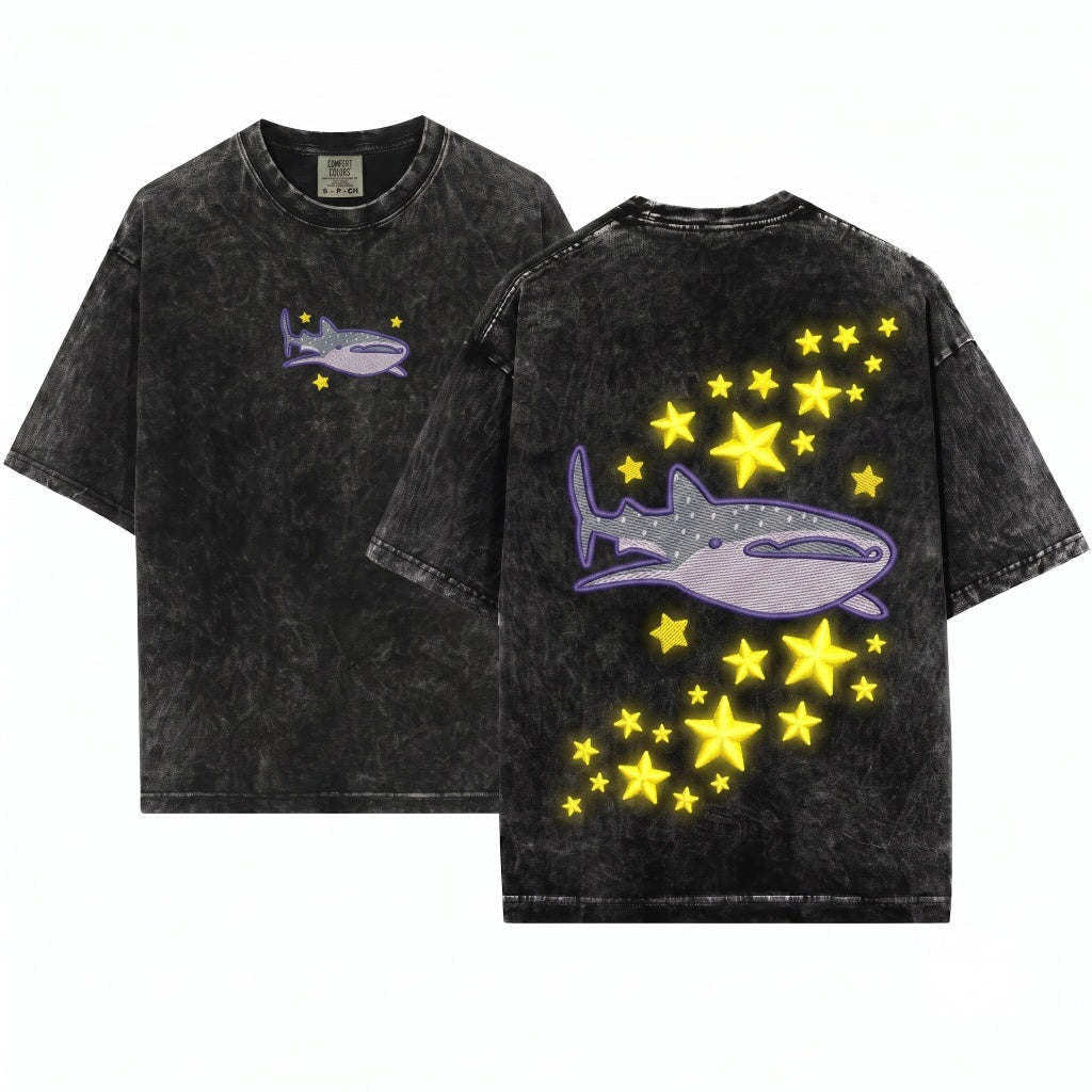 Whale Shark Cute Ocean Animal Summer Beach Embroidered Unisex Wash T-Shirt