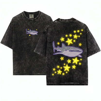 Whale Shark Cute Ocean Animal Summer Beach Embroidered Unisex Wash T-Shirt