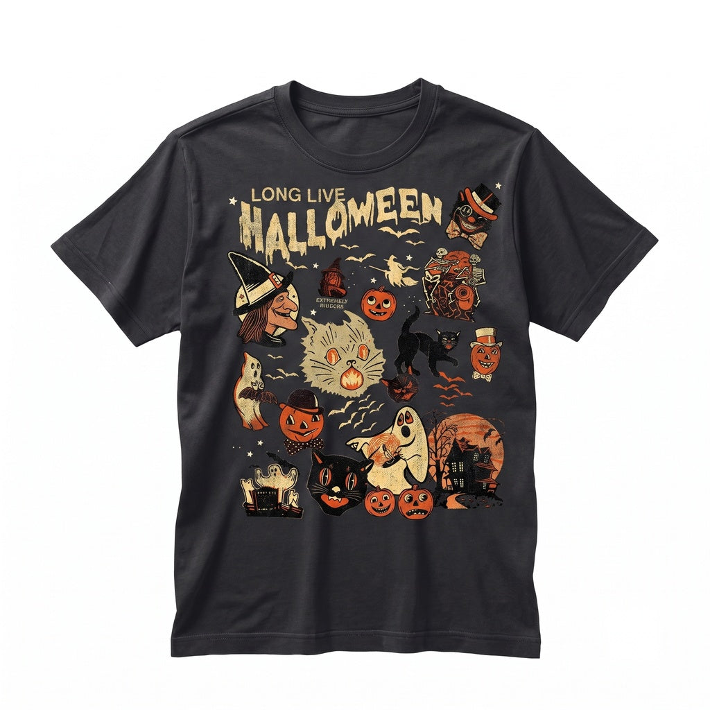 Long Live Halloween Vintage Black Cat Retro Fall Apparel Garment Dyed Unisex TShirt