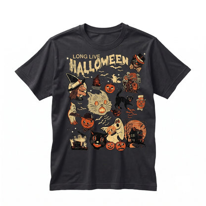 Long Live Halloween Vintage Black Cat Retro Fall Apparel Garment Dyed Unisex TShirt