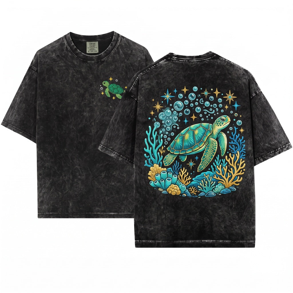 Sea Turtle Embroidered Summer Ocean Coastal Beach Nature Tee Unisex Wash T-Shirt