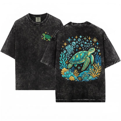 Sea Turtle Embroidered Summer Ocean Coastal Beach Nature Tee Unisex Wash T-Shirt