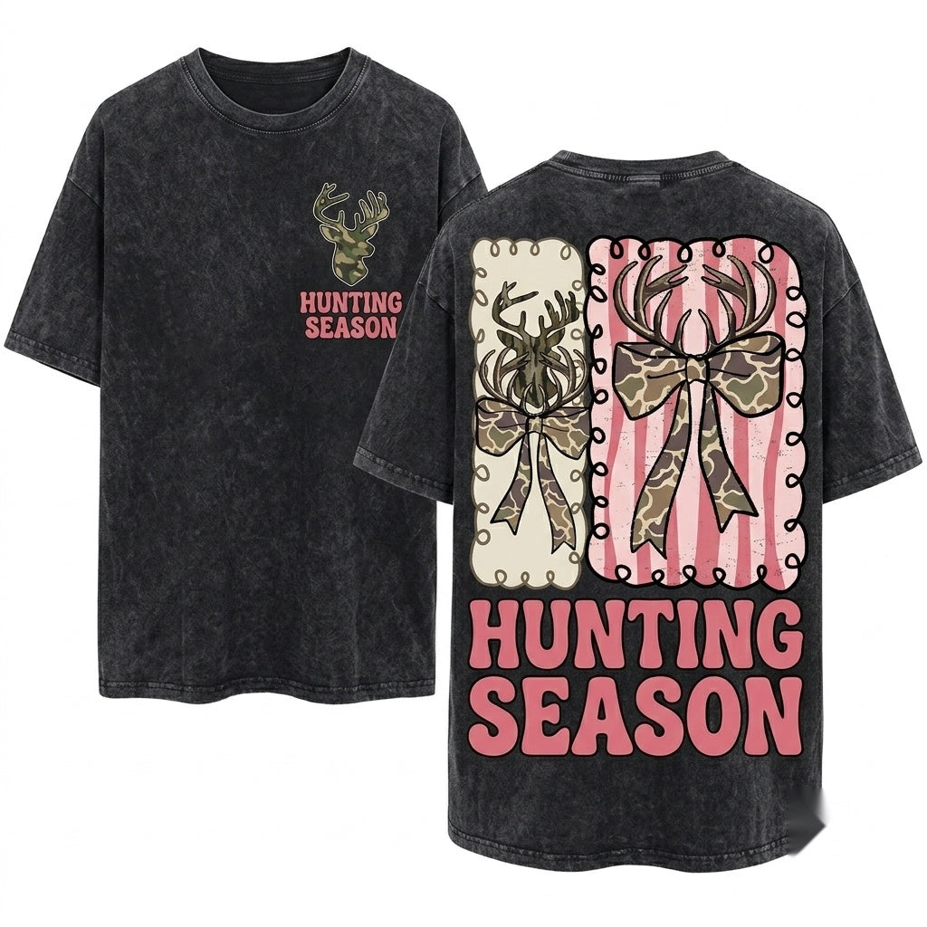 Preppy Coquette Distressed Deer Camo Bow Fall Hunting Season Unisex Wash T-Shirt