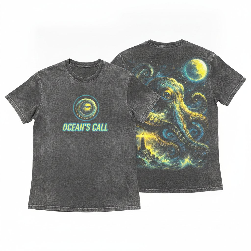 Octopus Full Moon Ocean Life Sea Creature Lighthouse Beach Holiday Dark Vintage Unisex Wash T-Shirt
