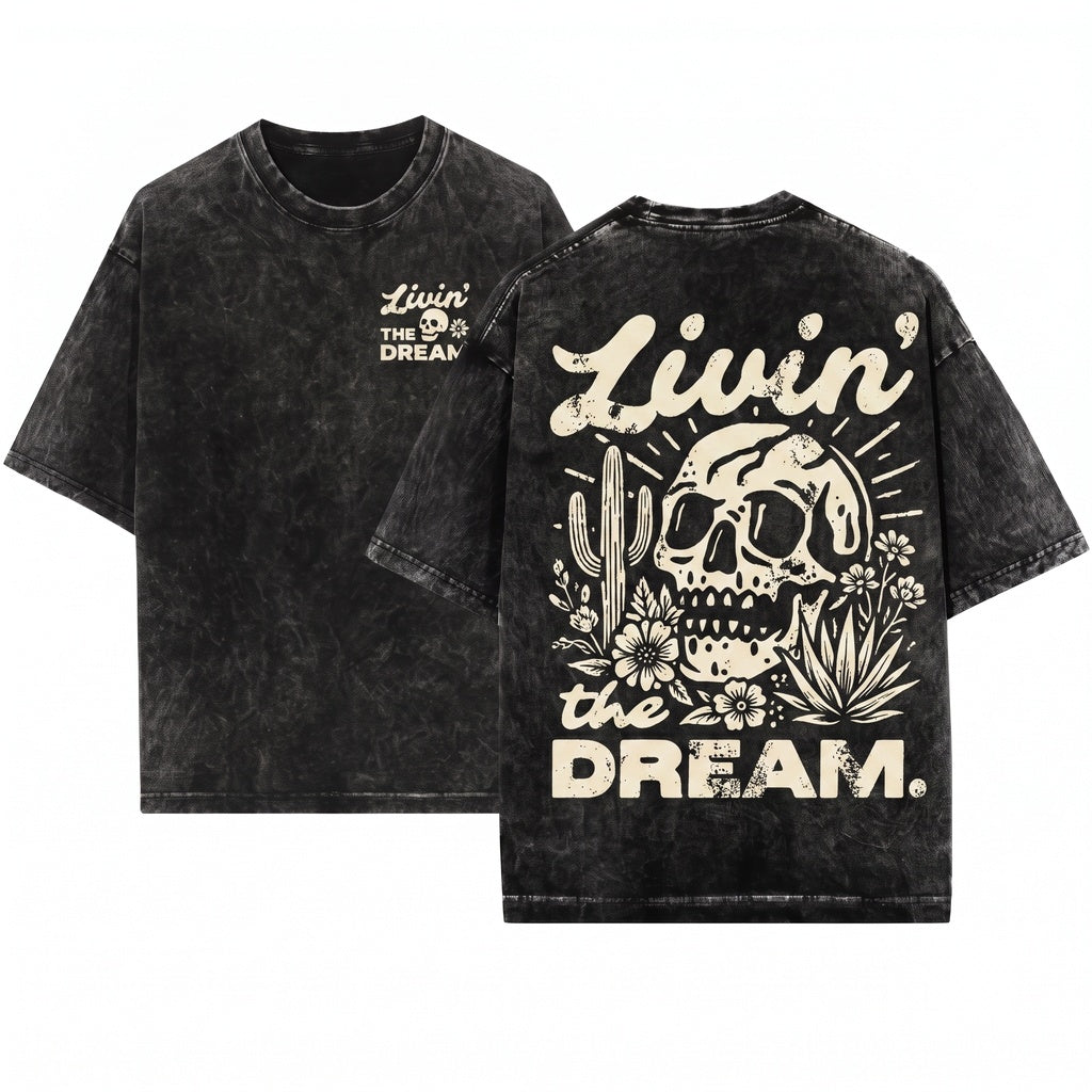 Livin the Dream Sarcastic Skeleton Skull Retro Grunge Funny Adult Humor Gift Unisex Wash T-Shirt