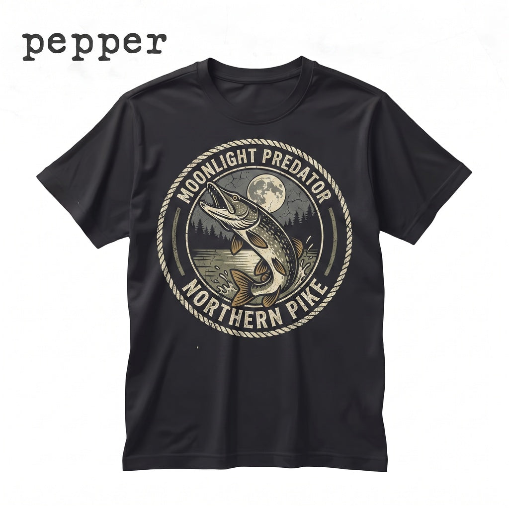 Northern Pike Moonlit Lake 90s Fishing Graphic Outdoor Adventure Fisherman Gift Unisex TShirt