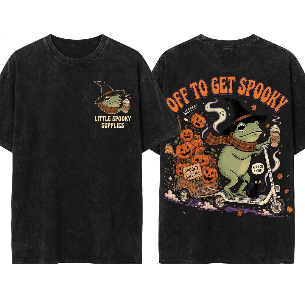 Vintage Halloween Frog Riding Scooter Pumpkin Cart Spooky Season Funny Fall Unisex Wash T-Shirt