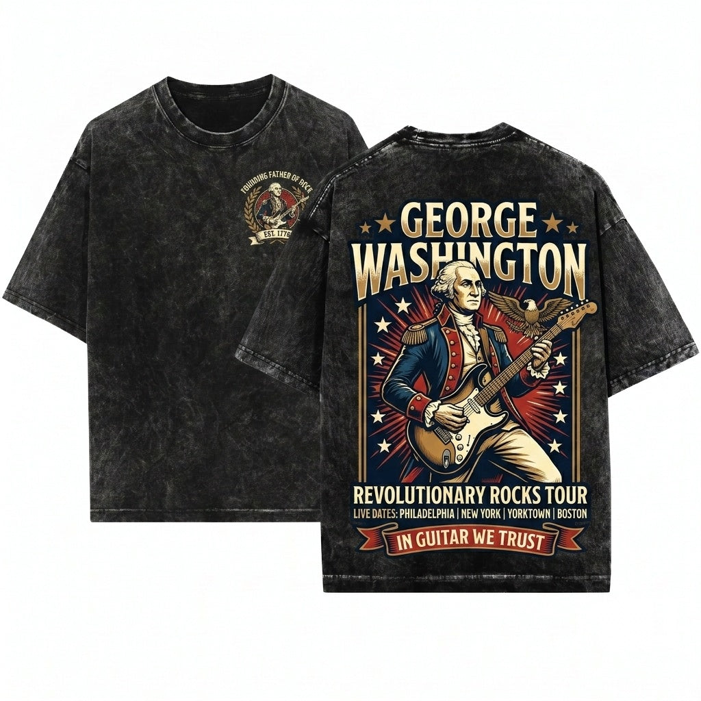 Vintage Distressed Patriotic 4th Of July George Washington Rocker Concert Guitar Unisex Wash T-Shirt