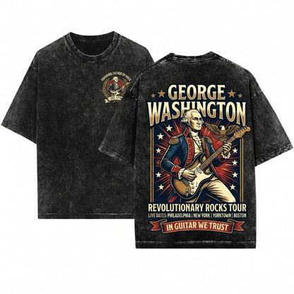 Vintage Distressed Patriotic 4th Of July George Washington Rocker Concert Guitar Unisex Wash T-Shirt