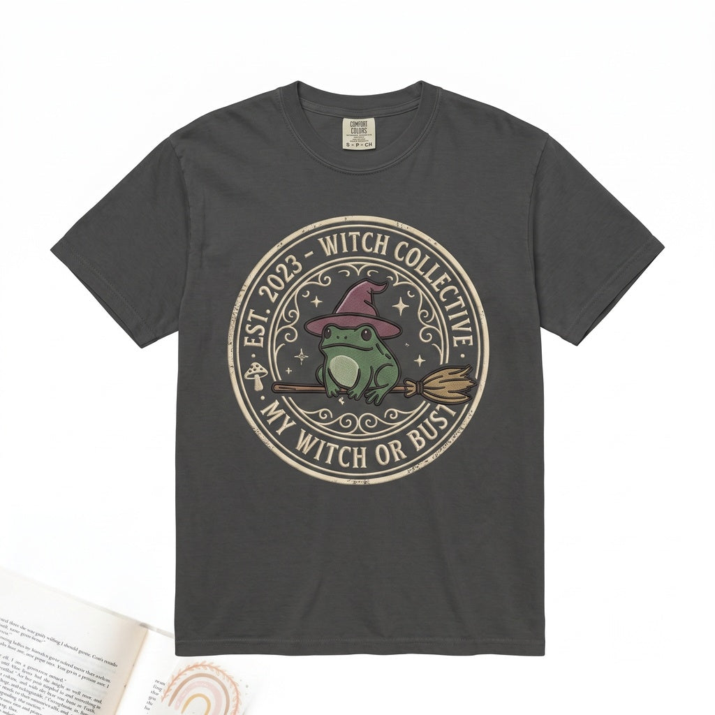 On My Way to Steal Embroidered Witch Frog Broomstick Funny Halloween Spooky Cute Gift Unisex TShirt