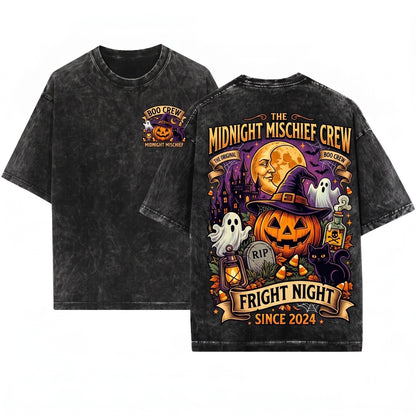 Midnight Mischief Halloween Boo Crew Jack-O-Lantern Ghost Spooky Pumpkin Graphic Unisex Wash T-Shirt