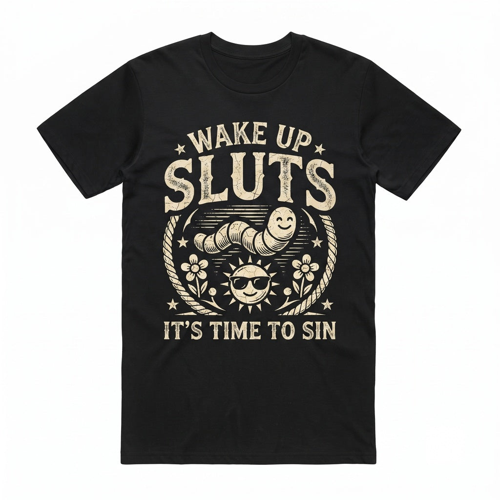 Wake Up Sluts Top, Funny Animal Meme Graphic Apparel, Sarcastic Cursed Humor Viral Unisex TShirt