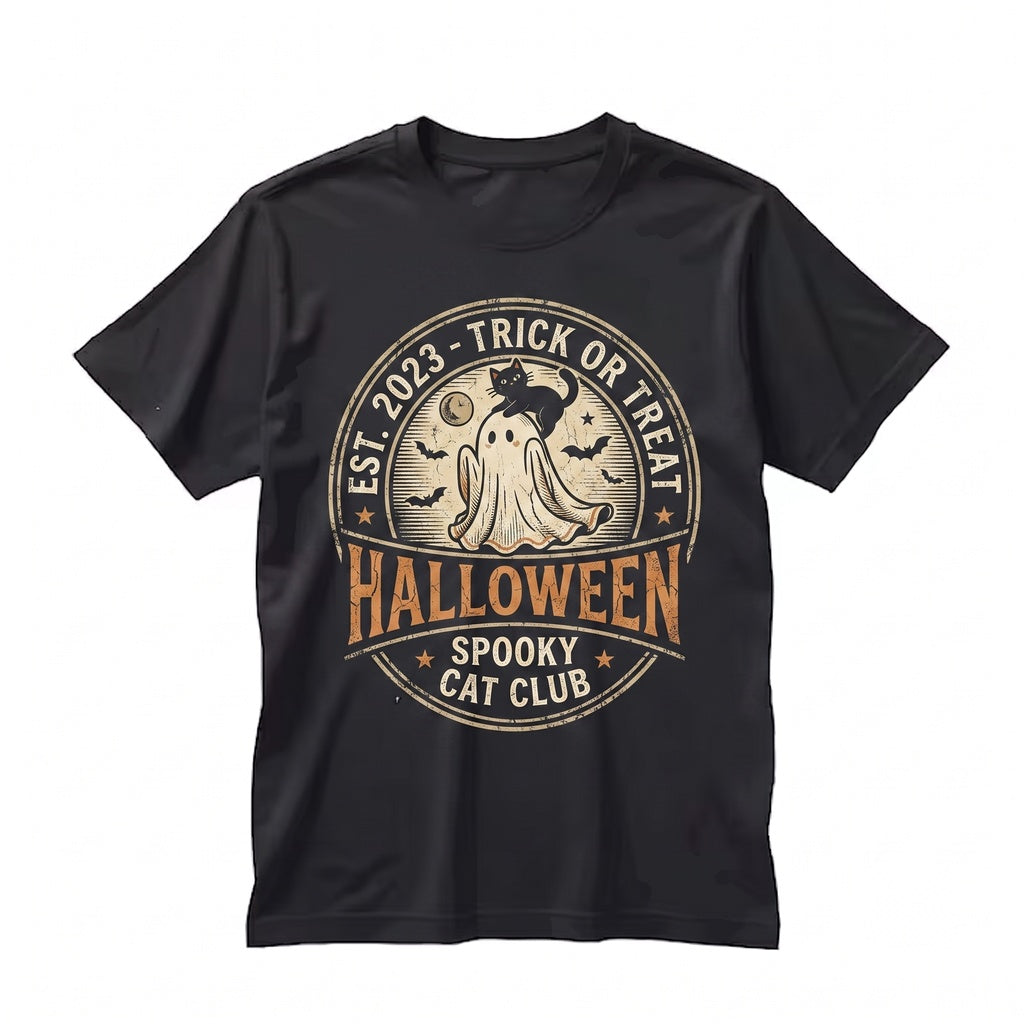 Cute Halloween Ghost with Black Cat Graphic Spooky Season Party Unisex TShirt