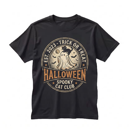 Cute Halloween Ghost with Black Cat Graphic Spooky Season Party Unisex TShirt