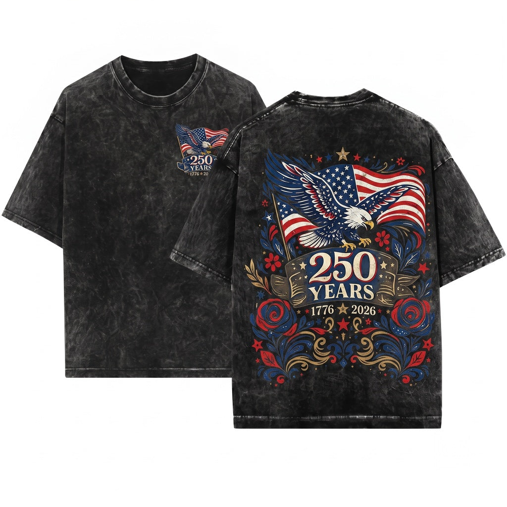 Patriotic 250 Years USA Floral Eagle 4th of July America Unisex Wash T-Shirt