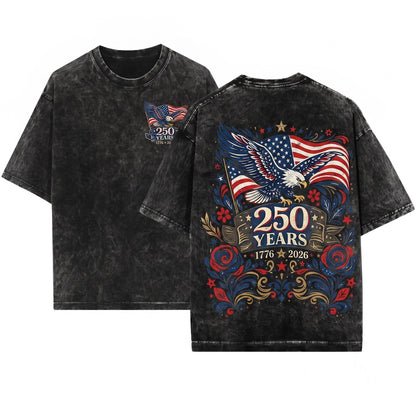 Patriotic 250 Years USA Floral Eagle 4th of July America Unisex Wash T-Shirt