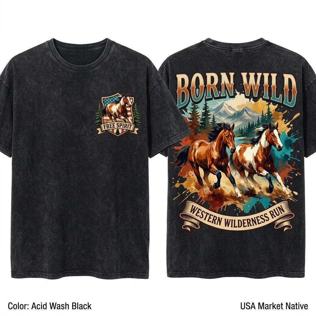Wild Horses Vintage Graphic Pullover Woodland Animal Gift Unisex Wash T-Shirt