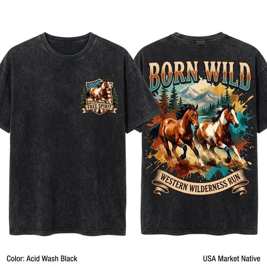 Wild Horses Vintage Graphic Pullover Woodland Animal Gift Unisex Wash T-Shirt
