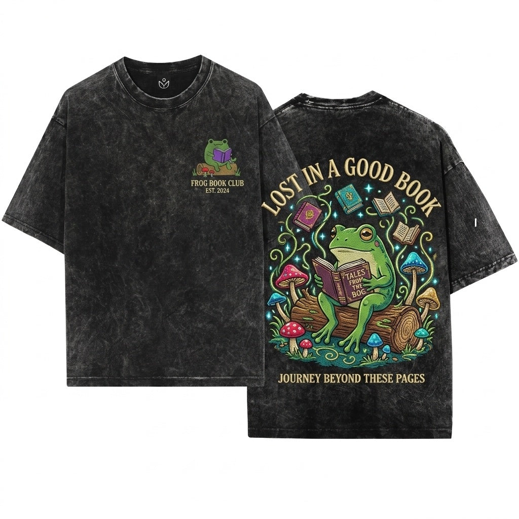Frog Reading On A Log Embroidered Mushroom Cute Amphibian Nature Lover Gift Unisex Wash T-Shirt