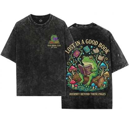 Frog Reading On A Log Embroidered Mushroom Cute Amphibian Nature Lover Gift Unisex Wash T-Shirt