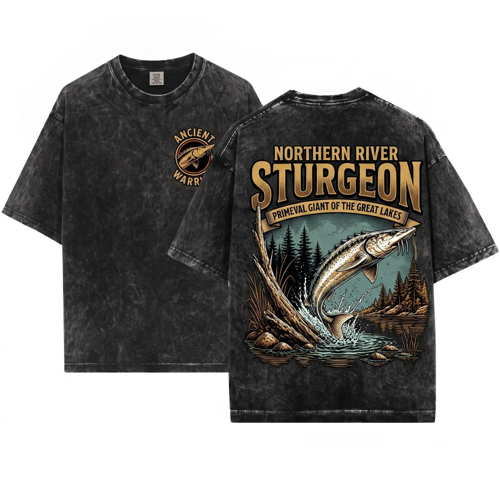Vintage 90s Retro Sturgeon Fish Fisherman River Monster Graphic Lake Nature Aesthetic Unisex Wash T-Shirt