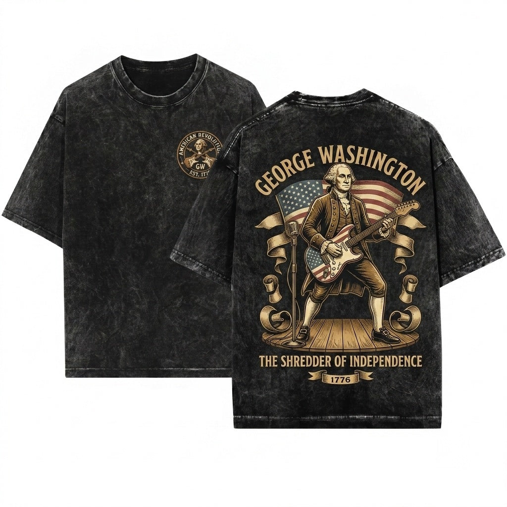 Funny George Washington Playing Guitar Vintage American Rocker Patriotic Retro 4th Of July Unisex Wash T-Shirt