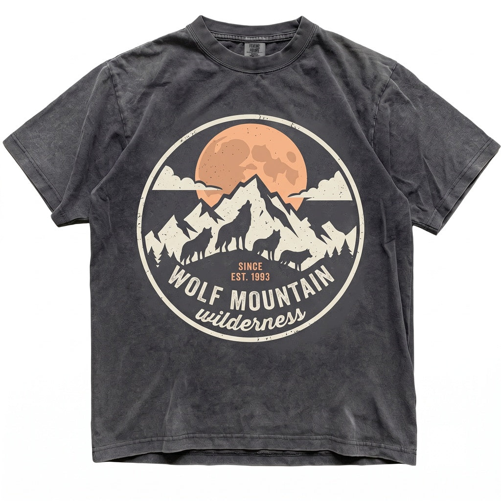 Vintage Wolf Mountain Graphic, Orange Moon Dark Nature Wildlife Gift, Outdoor Adventure Unisex TShirt