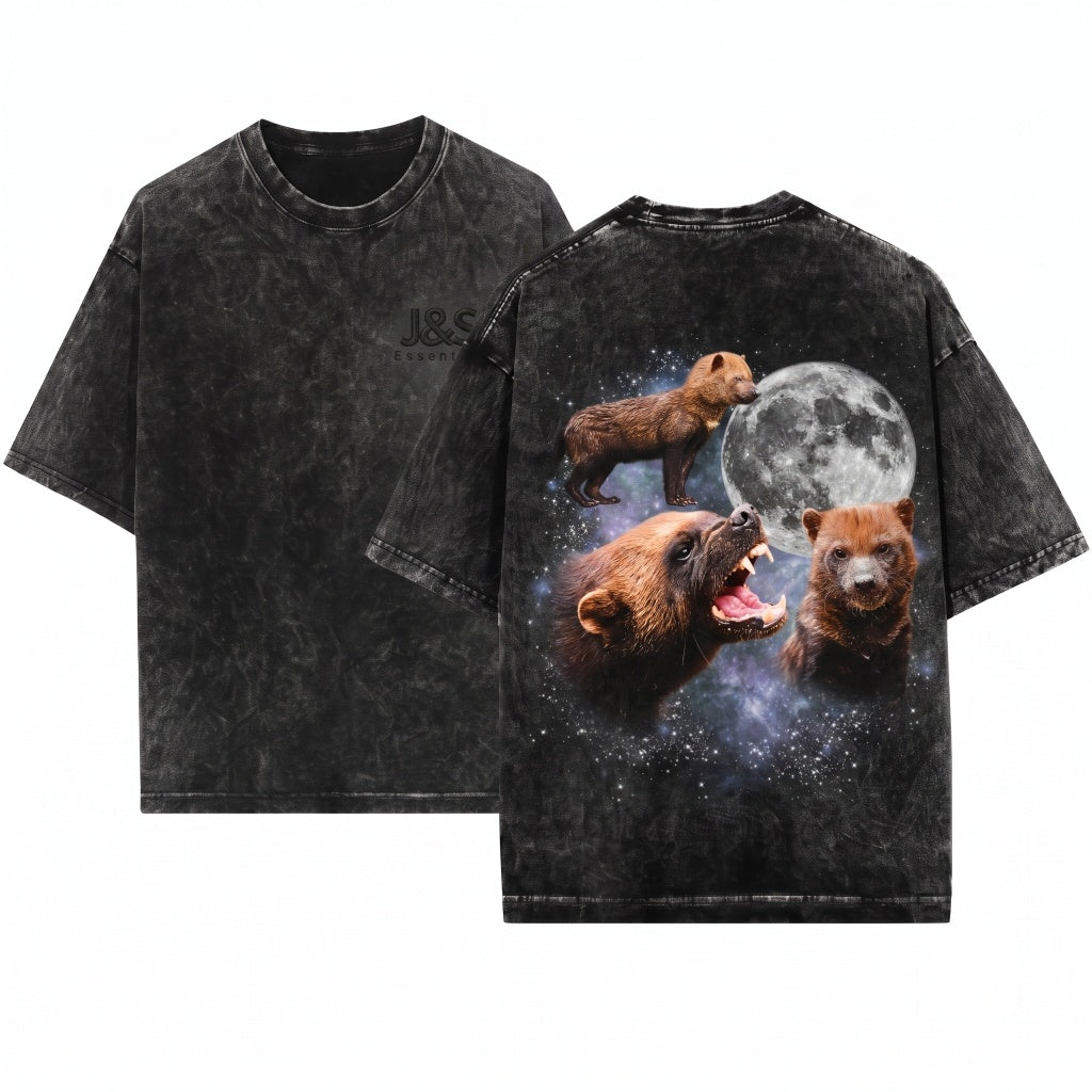 Three Wolverine Moon Vintage Gulo Galaxy Cosmic Mustelid Graphic Wild Animal Lover Space Gift Unisex Wash T-Shirt