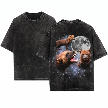 Three Wolverine Moon Vintage Gulo Galaxy Cosmic Mustelid Graphic Wild Animal Lover Space Gift Unisex Wash T-Shirt