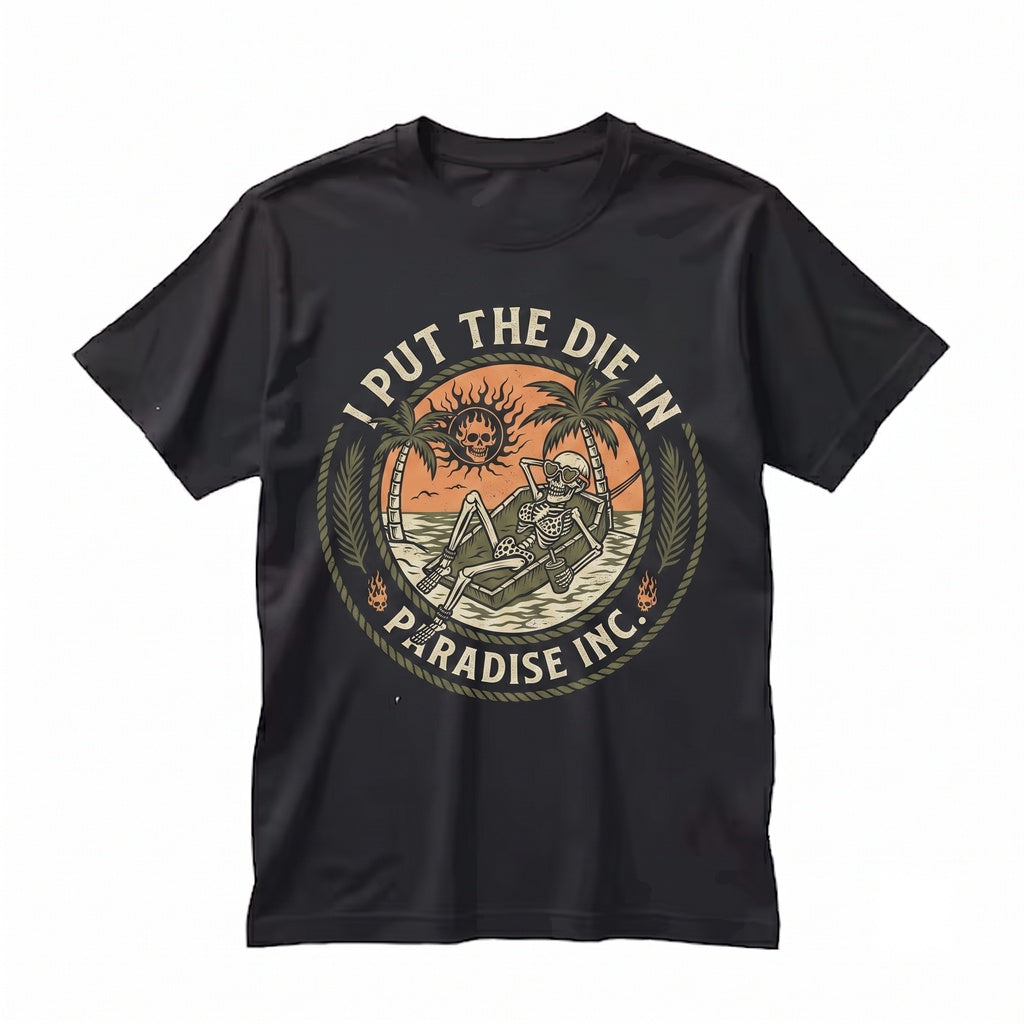 I Put The Die In Paradise Spooky Skeleton Pool Coffin Floaty Halloween July Creepy Cute Summer Goth Graphic Apparel Unisex TShirt