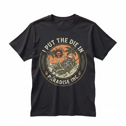 I Put The Die In Paradise Spooky Skeleton Pool Coffin Floaty Halloween July Creepy Cute Summer Goth Graphic Apparel Unisex TShirt