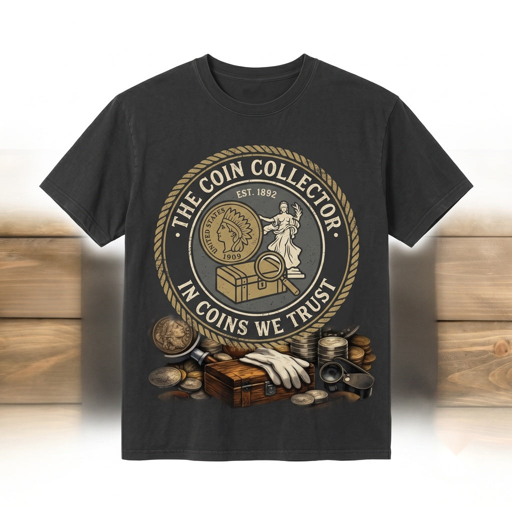 Vintage Coin Collector Detailed Numismatist Graphic Illustration Apparel, Unisex TShirt