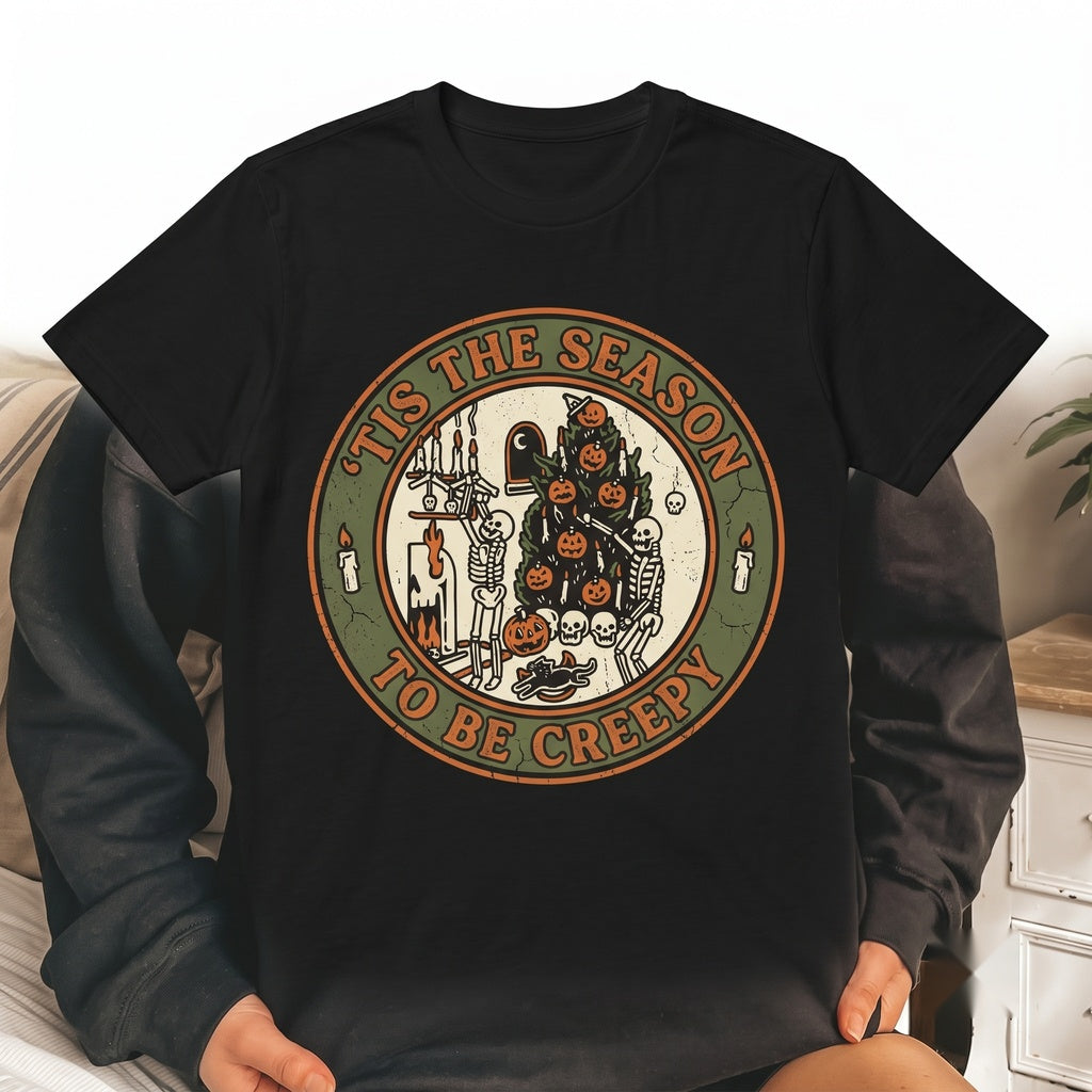 Tis The Season To Be Creepy Halloween Sweatshirt Fall Spooky Ghost Skeleton Crewneck Unisex TShirt