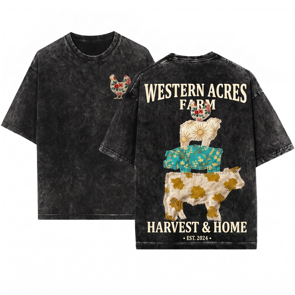 Western Country Cow Hen Pig Lamp Faux Patchwork Farm Animal Graphic Unisex Wash T-Shirt