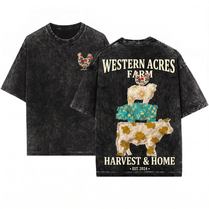 Western Country Cow Hen Pig Lamp Faux Patchwork Farm Animal Graphic Unisex Wash T-Shirt