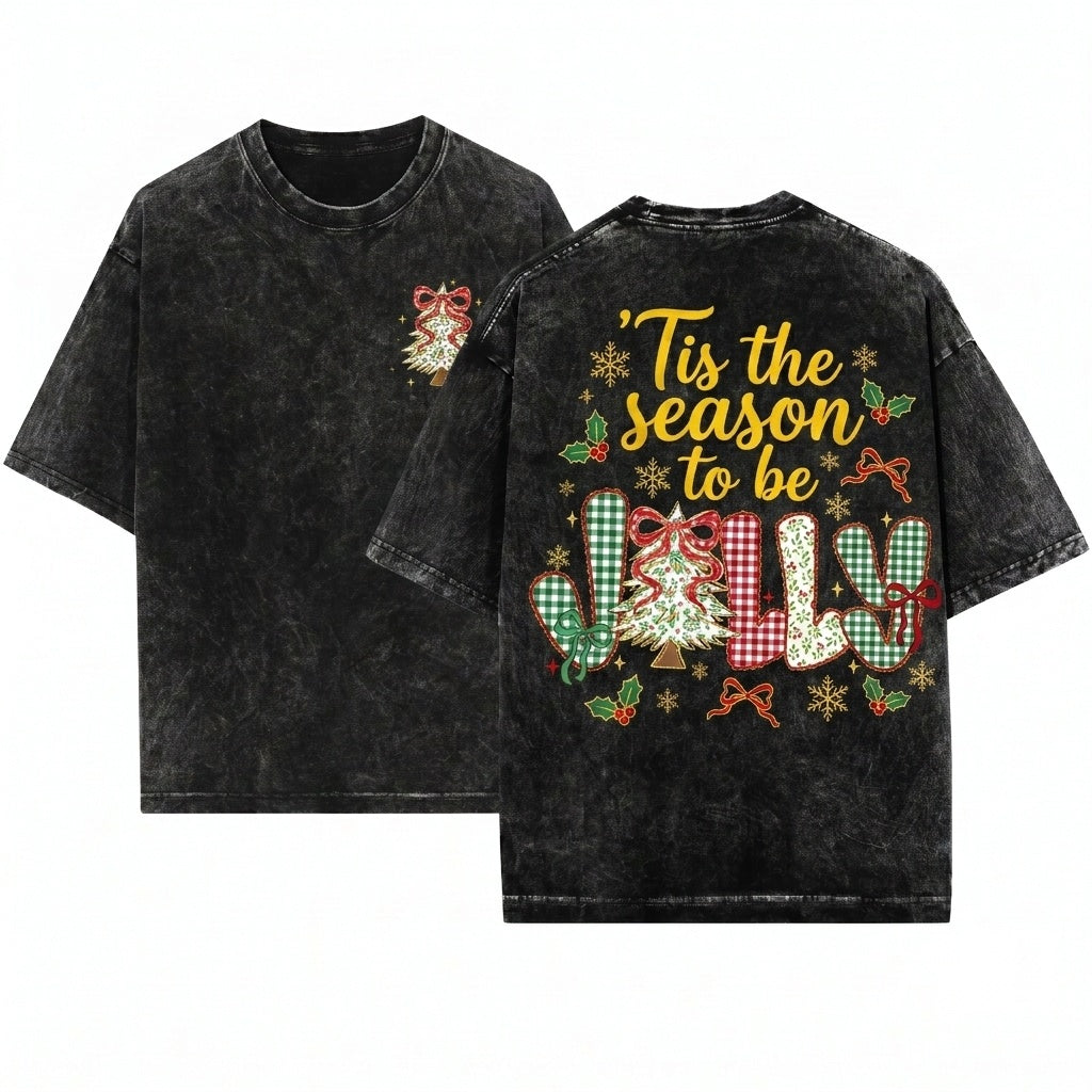 Retro Lace Floral Christmas Tree Tis The Season To Be Holly Jolly Funny Unisex Wash T-Shirt