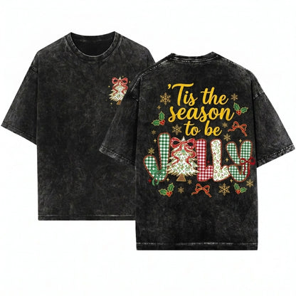 Retro Lace Floral Christmas Tree Tis The Season To Be Holly Jolly Funny Unisex Wash T-Shirt