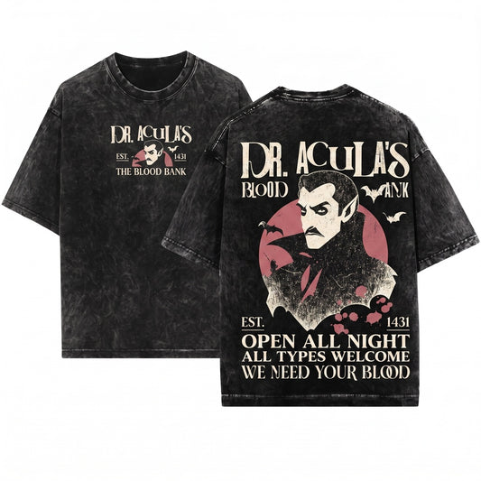 Vintage Halloween Vampire Dr Acula Blood Bank Unisex Wash T-Shirt