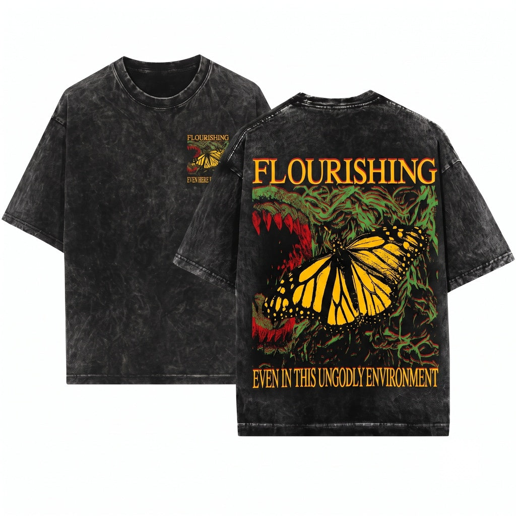 Vintage Flourishing Monarch Butterfly Graphic Unisex Wash T-Shirt