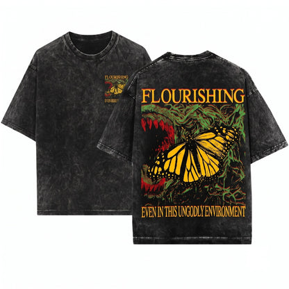 Vintage Flourishing Monarch Butterfly Graphic Unisex Wash T-Shirt