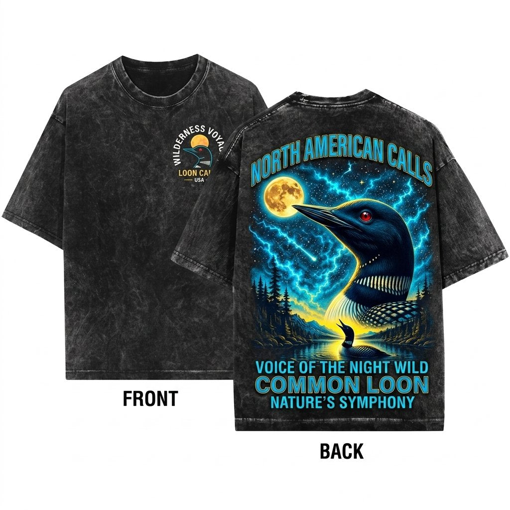 Vintage Loon Howling Moon Retro Duck Bird Full Animal Lover Graphic Unisex Wash T-Shirt