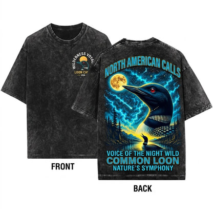 Vintage Loon Howling Moon Retro Duck Bird Full Animal Lover Graphic Unisex Wash T-Shirt