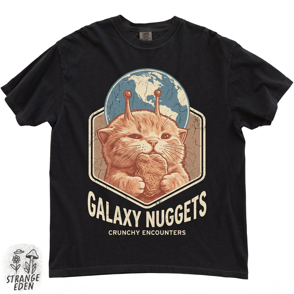 Alien Space Cat Eating Chicken Nugget Funny Silly Meme Glorp Brainrot Gen Z Graphic Humor Gift Unisex TShirt