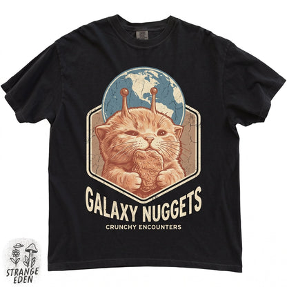 Alien Space Cat Eating Chicken Nugget Funny Silly Meme Glorp Brainrot Gen Z Graphic Humor Gift Unisex TShirt